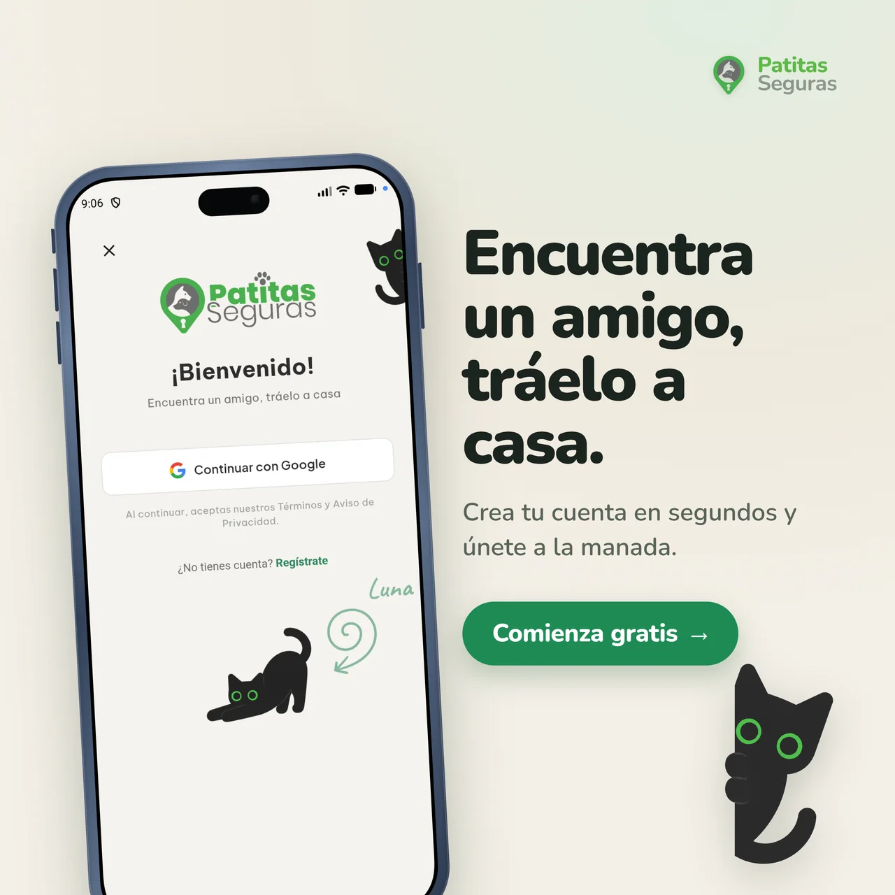 Encuentra un amigo, tráelo a casa. Crea tu cuenta en segundos y únete a la manada. Pantalla de bienvenida de Patitas Seguras.